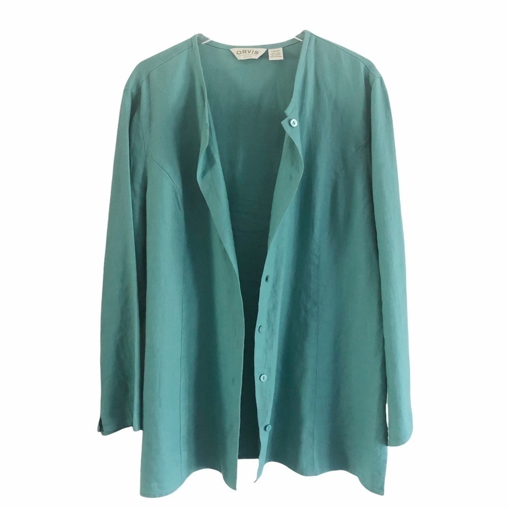 Orvis 100% Linen Teal Lagenlook Blouse Large - Picture 2 of 9